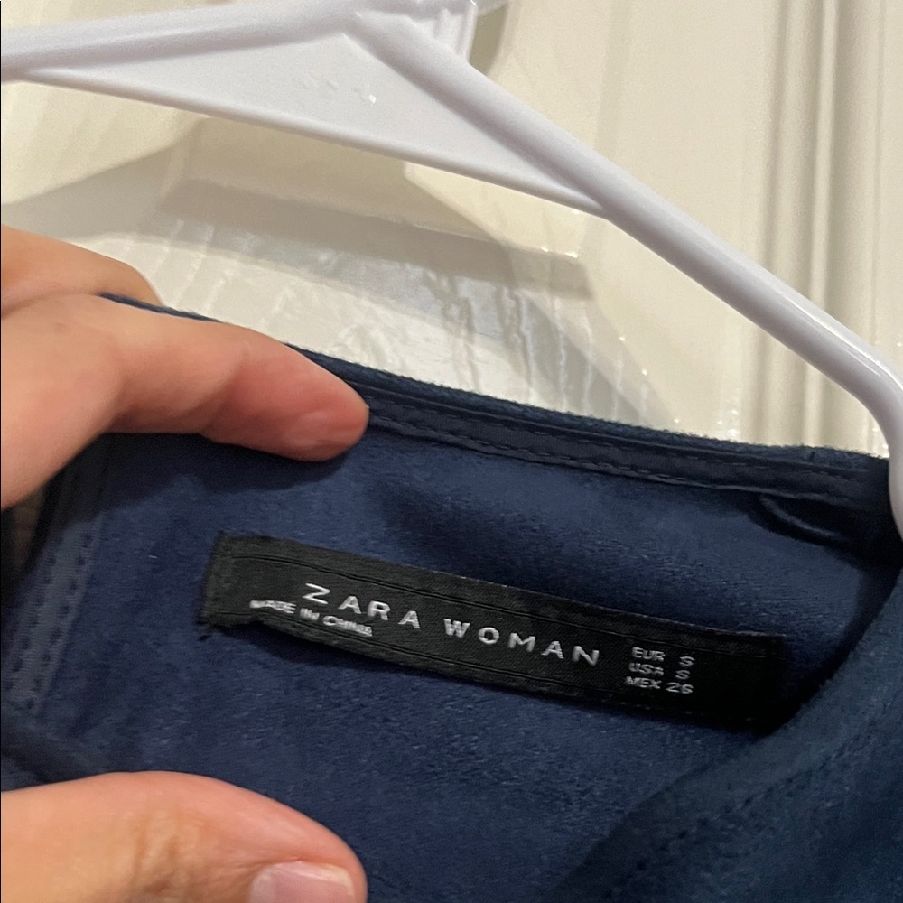 Zara Faux Suede Dark Blue Blouse with Pink and Blue Embroidery- Size Small - Picture 2 of 5
